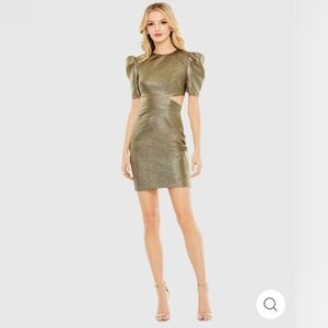 Mac Duggal Metallic Puff Sleeve Cut Out Mini Dress